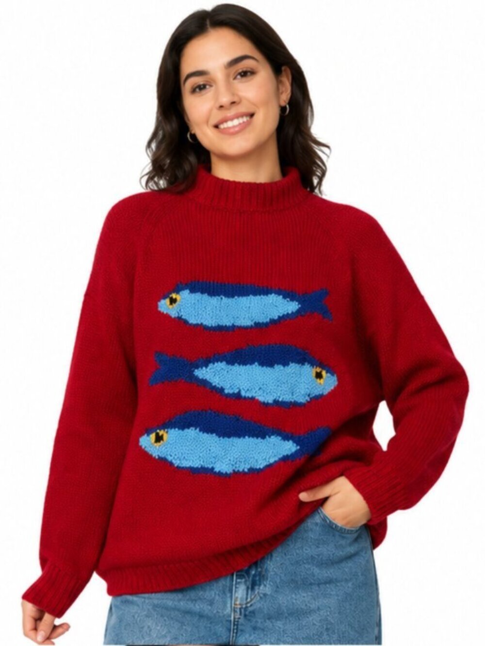 Red & Blue Colourful Sardine Fish Cozy Pullover Sweater